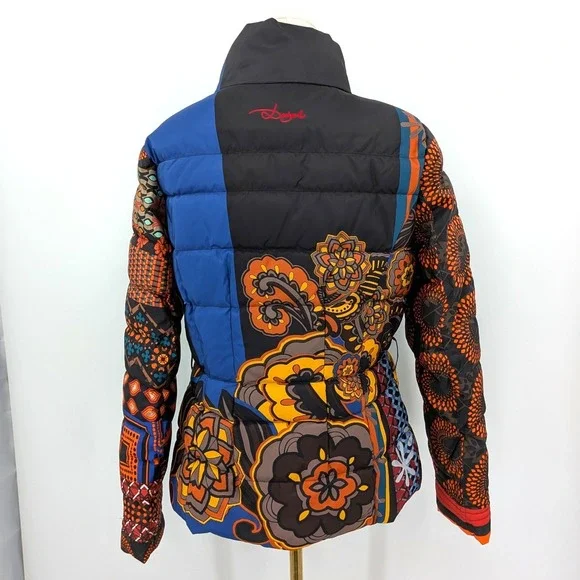 Desigual Puffer Jacket Women's 40 Multicolor Patchwork Print Statement - Picture 2 of 13
